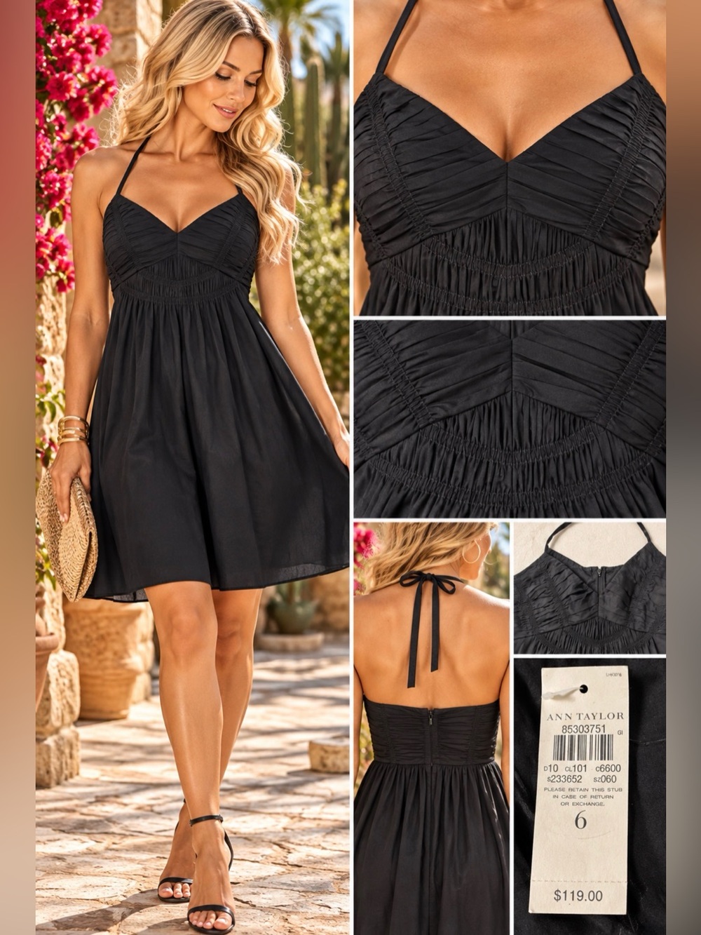 Ann Taylor Black Ruched Halter Cotton Dress Size 6 NWT